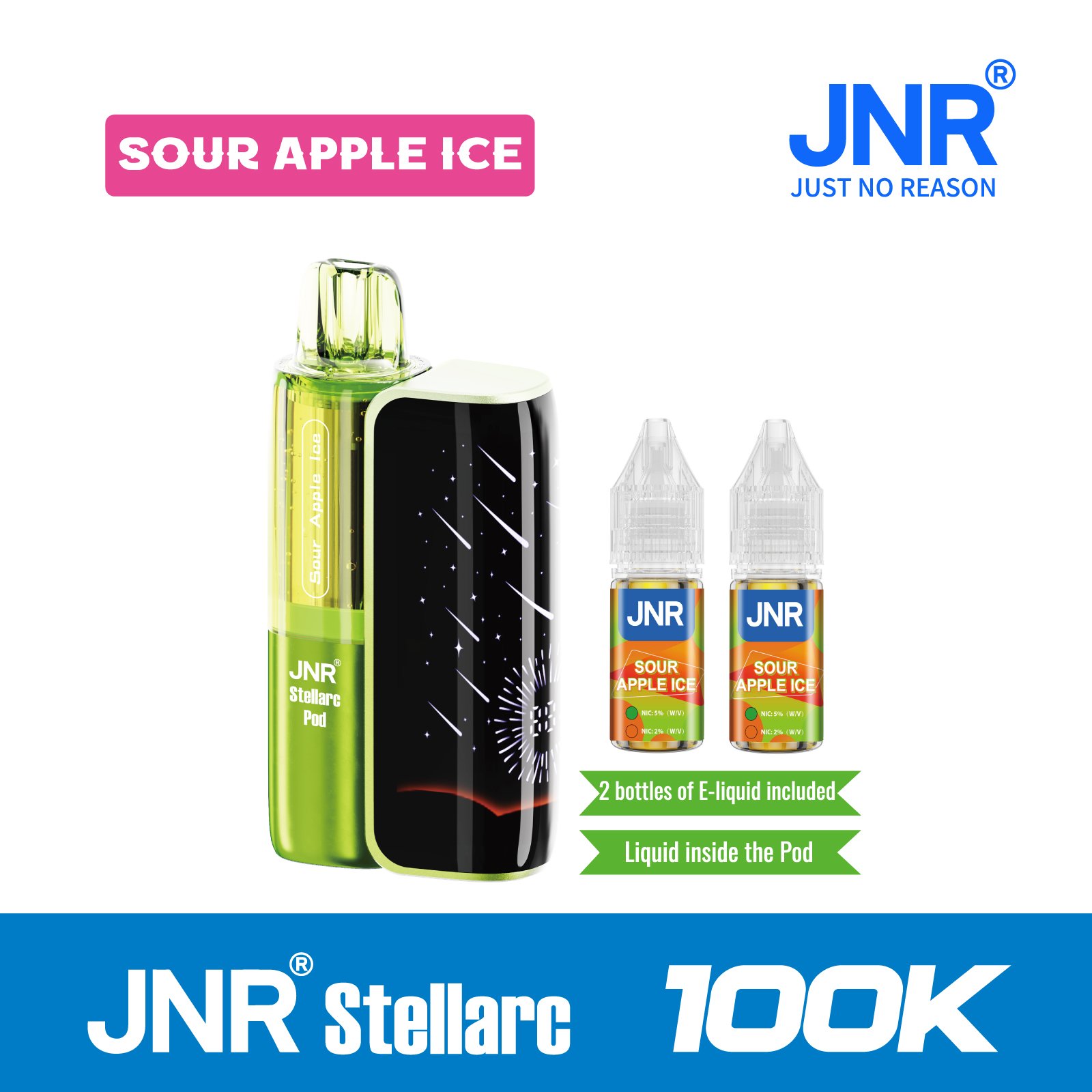 8ad4d3f3ee6c5f955563b19ac352e76412340f2fd1bb10309d9ff94caf8bf27f.jpg Sour Apple lce | JNR Stellarc 100K Puffs Kit - Refillable & Replaceable Pod Vape - Image 1